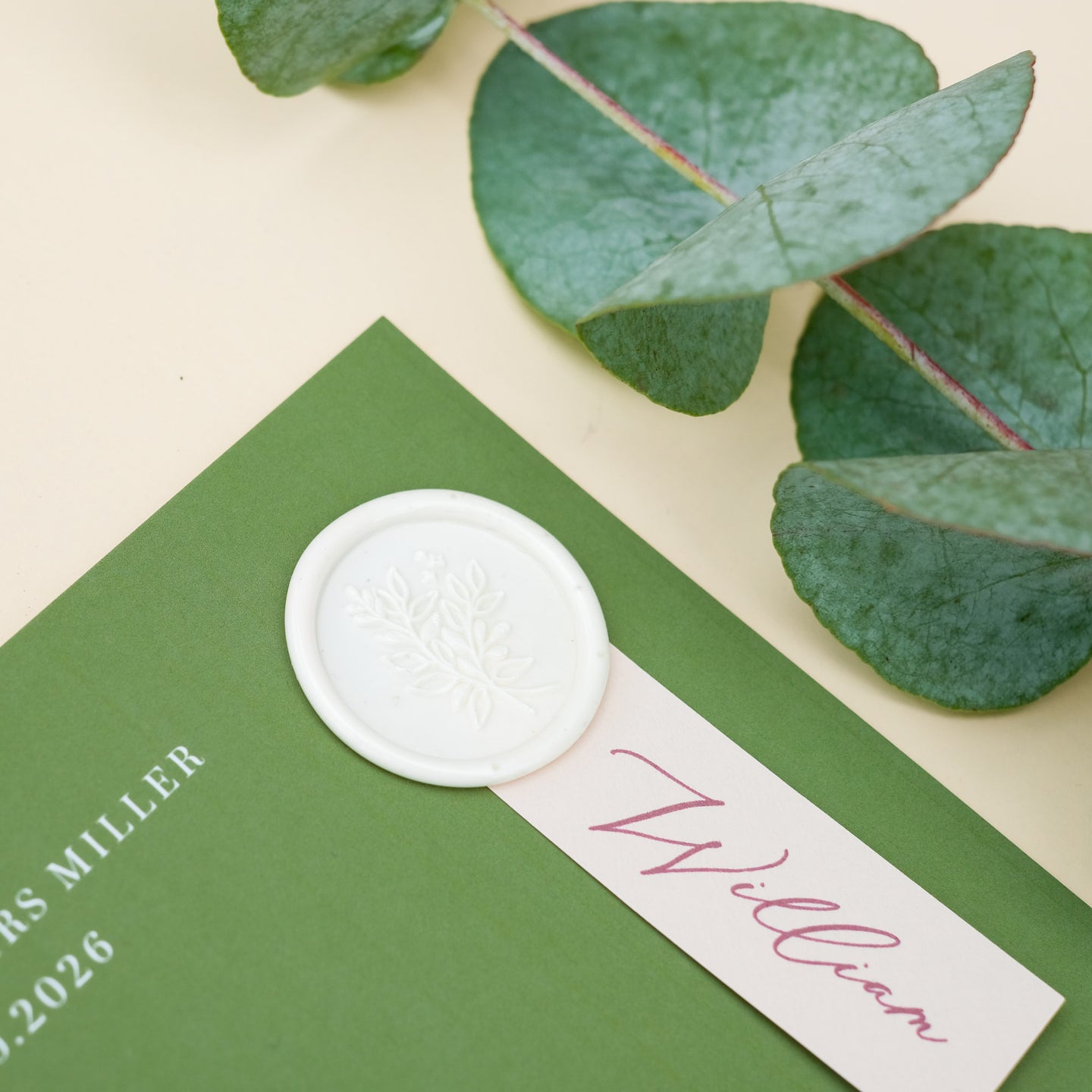 moss green wedding menu with guest name